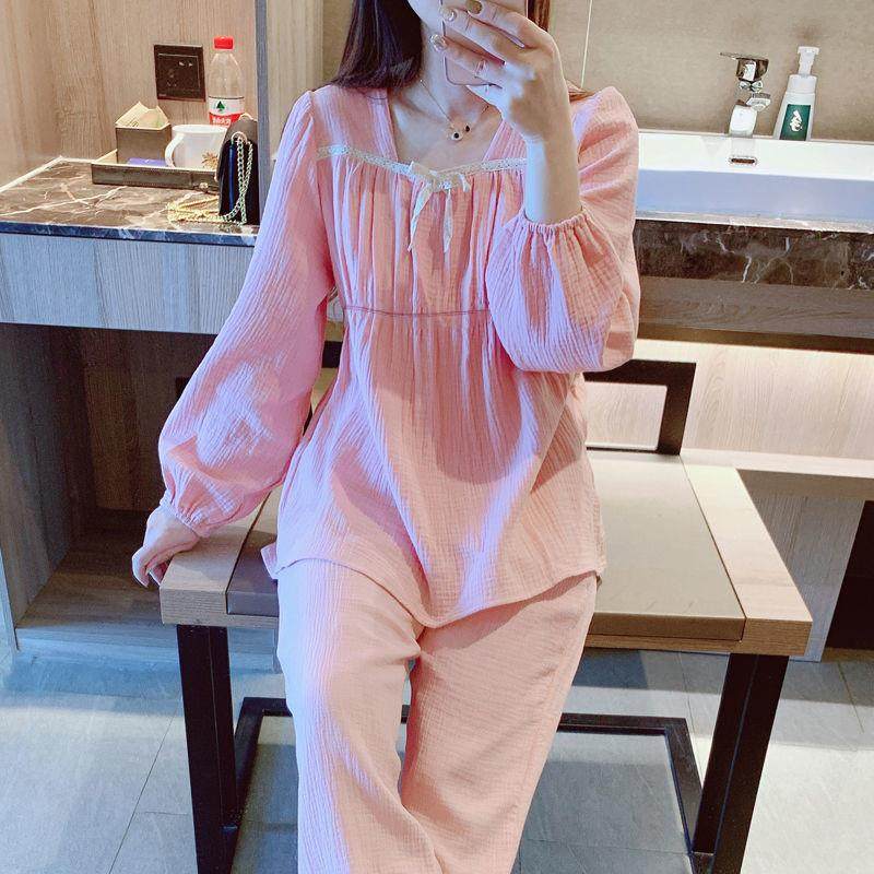 2021 new spring and autumn lace cotton pajamas thin women can wear two pieces of sweet casual home clothes (8