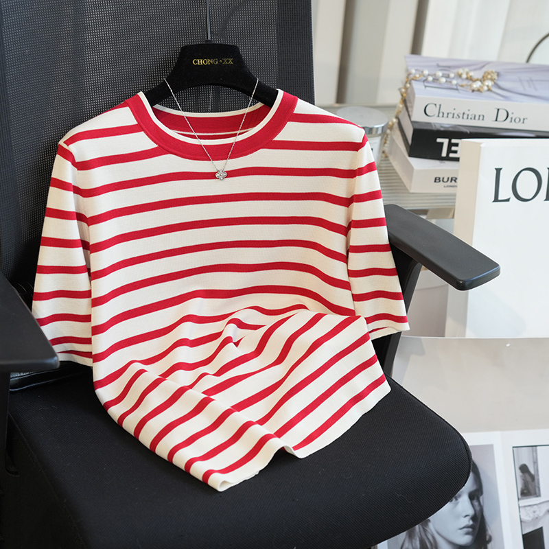 Lyocell Classic Contrast Stripesd Casual Round Neck Short-Sleeved Knitted T-Shirt Women's Top 25 Spring and Summer Lyocell Classic Contrast Stripesd Casual Round Neck Short-Sleeved Knitted T-Shirt Women's Top 25 Spring and Summer