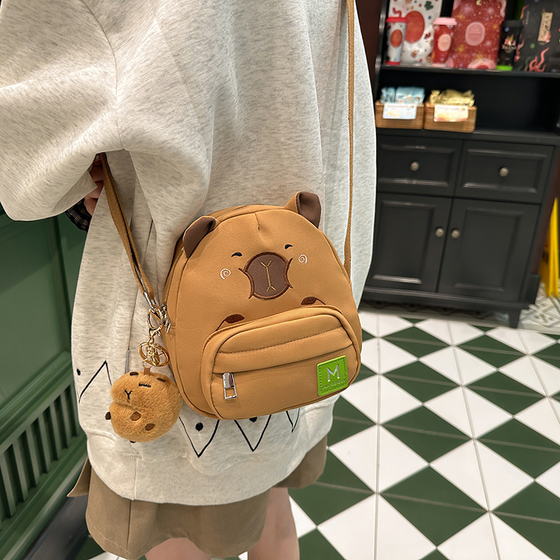 Cartoon Canvas Bag, Shoulder Crossbody Bag, Capybara Spring Outing Backpack, Lightweight Elementary School Student Children's Shoulder Bag with Free Pendant