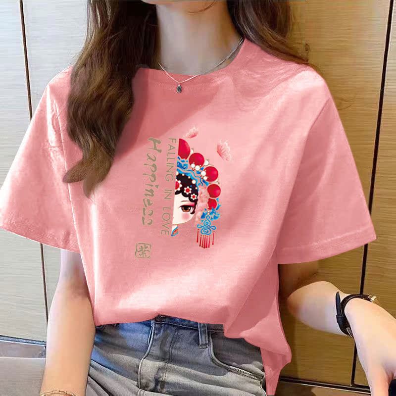 Summer 100% Pure Cotton T-Shirt for Women, Chinese Style Retro Theatrical Face Mask Print Short-Sleeve Fashion Pink Inner Top White T-Shirt