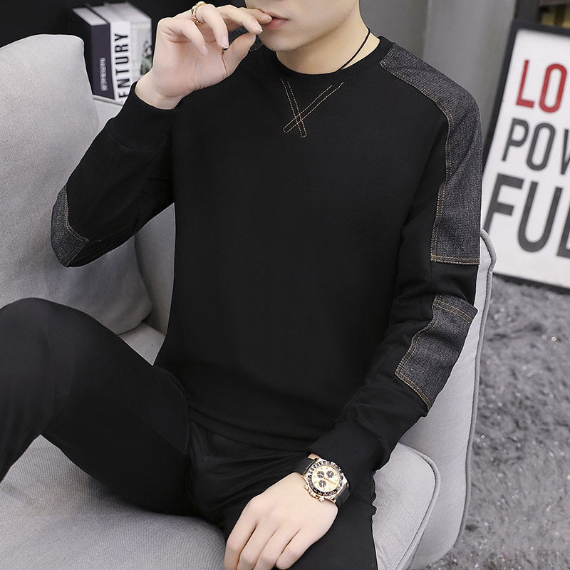 Long-sleeved T-shirt men's spring, autumn and winter new color matching Korean version of the tide brand trend loose round neck plus velvet base men's thick T-shirt