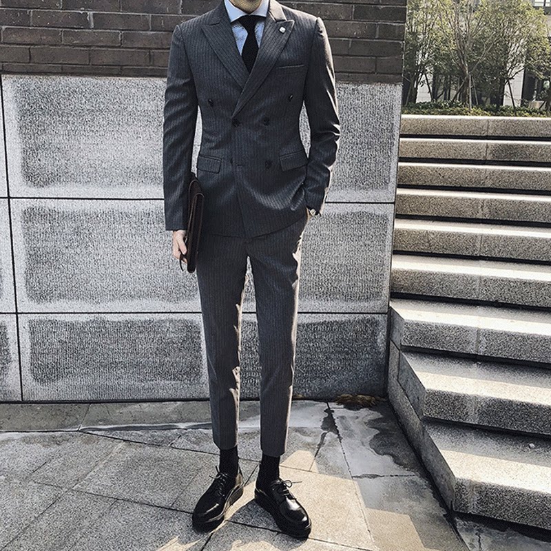 Korean version striped suit suit men's body double-row button Inn Wind youth trend casual handsome wedding suit