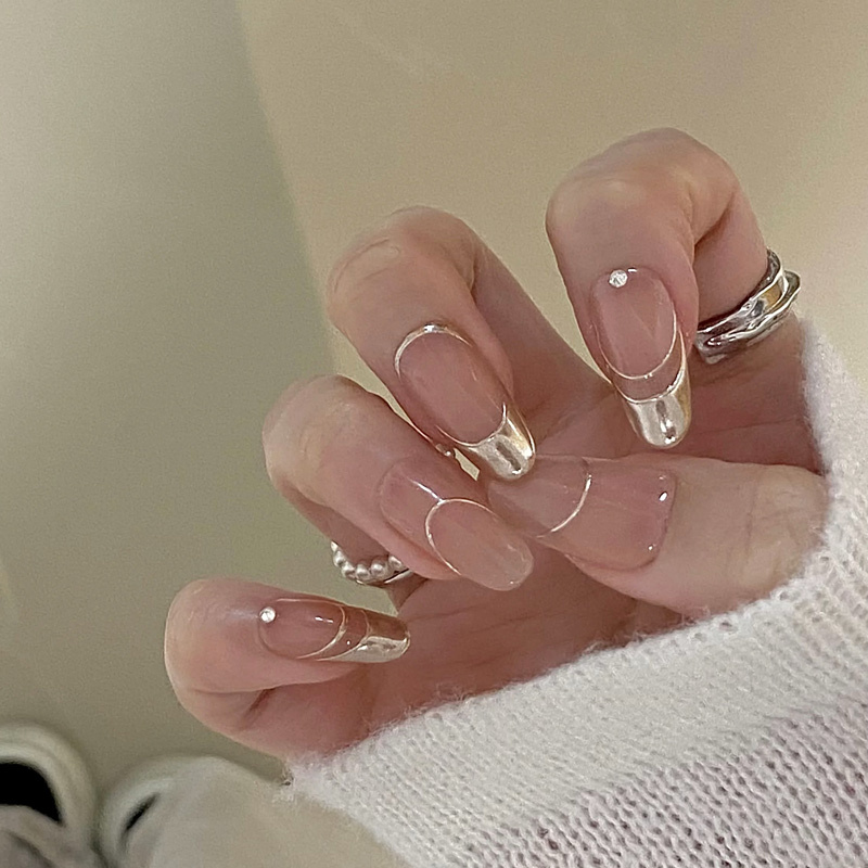 Handmade Mirror French-Style Press-On Nails, Summer Nail Art 2025 New Model, High-End Exquisite Nail Patches, Light Luxury