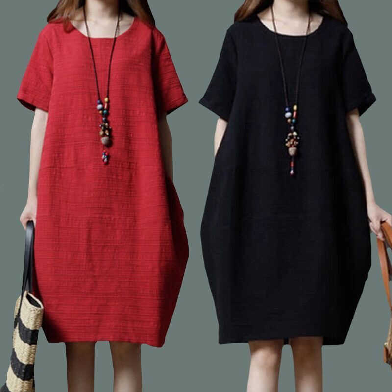 Summer Korean Style Plus Size Women's Clothing, Loose Casual Hip-Covering Linen Mid-Length Dress, Stylish Solid Color Cotton-Linen Dress
