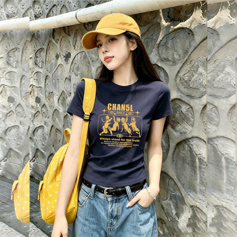 Letter Print Navy Blue Round Neck Regular Shoulder Short-Sleeve T-Shirt for Women, New Summer Design, Slim-Fit Short Top Letter Print Navy Blue Round Neck Regular Shoulder Short-Sleeve T-Shirt for Women, New Summer Design, Slim-Fit Short Top