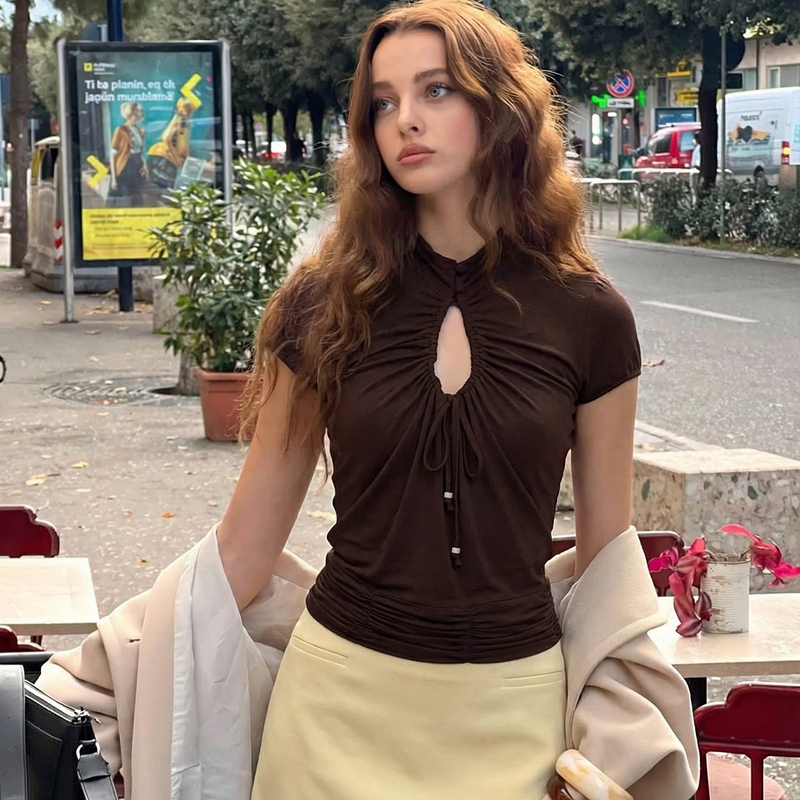 Vintage Hollow-Out Half-High Collar Short-Sleeve Top 026 Summer New Style Slim Fit Versatile Short T-Shirt Vintage Hollow-Out Half-High Collar Short-Sleeve Top 026 Summer New Style Slim Fit Versatile Short T-Shirt