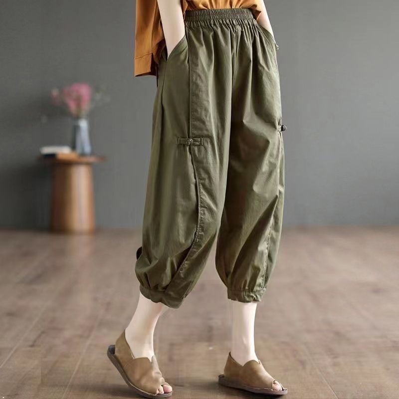 2026 Summer New Casual Capri Pants for Women, Vintage Artistic Button Patchwork, Plus Size Slimming Lantern Harem Pants