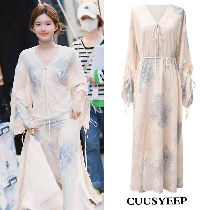 Zhao Lusi Xu Me Dazzling Xu Yan's New Chinoiserie Ink Print Dress Long Skirt Printed Lace-Up Dress