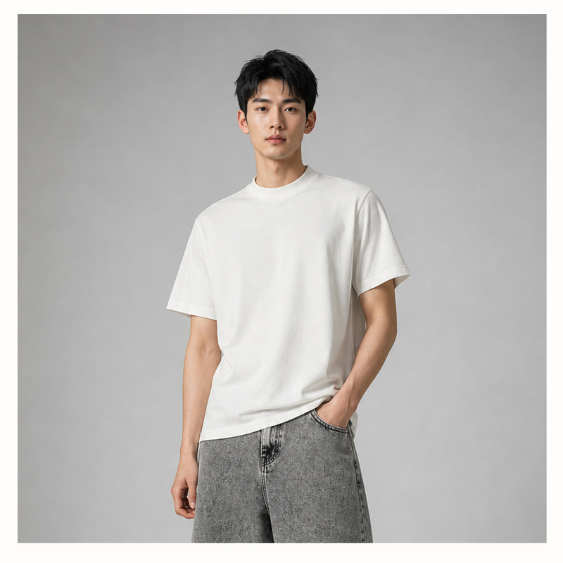 Threecube Half Turtleneck Cotton T-Shirt 220g Short-Sleeved Men's Summer Basic Top Casual and Versatile Threecube Half Turtleneck Cotton T-Shirt 220g Short-Sleeved Men's Summer Basic Top Casual and Versatile