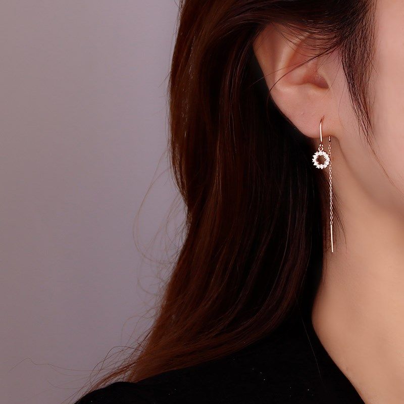 s925 silver zircon circular ear chain woman 2022 New wave minimalist about temperament Long version Stream Sufull drill circle earrings