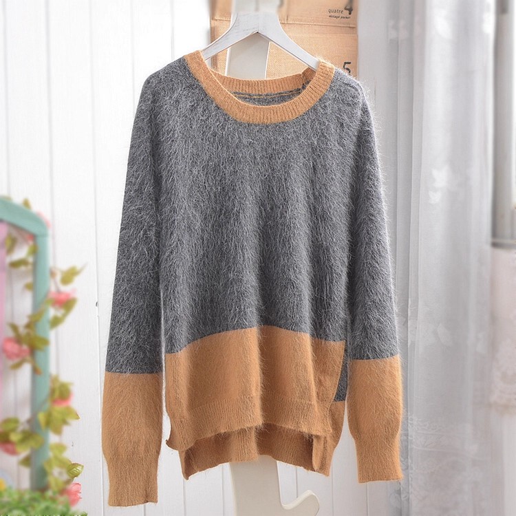 Japanese Retro Angora Long Rabbit Fur Mink Velvet Deep Gray Patchwork Loose Pullover Long-Sleeve Sweater for Women