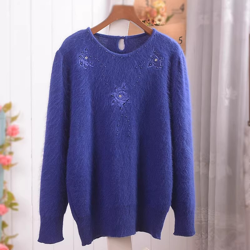 Vintage Angora Long Rabbit Fur Deep Blue Beaded Simple Heavy-Duty Pullover Long-Sleeve Sweater for Women