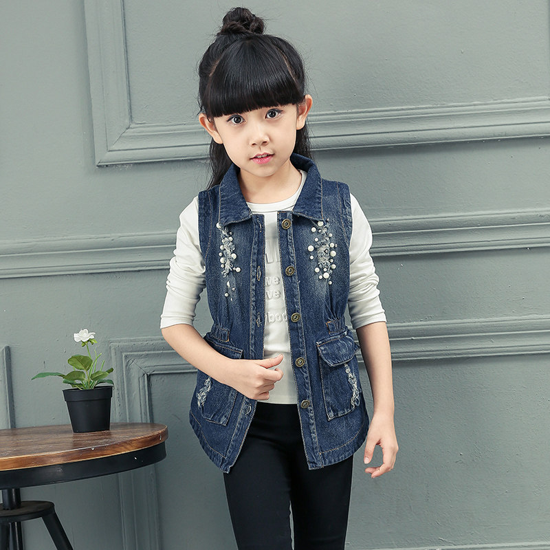 Girls denim vest long version sleeveless vest spring and autumn new thin section pure cotton Korean version of the little girl baby waistband tide