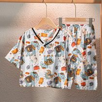 Boys pajamas thin treasure cotton silk summer seven-point sleeve cotton silk short sleeve summer children Girls boy home clothes