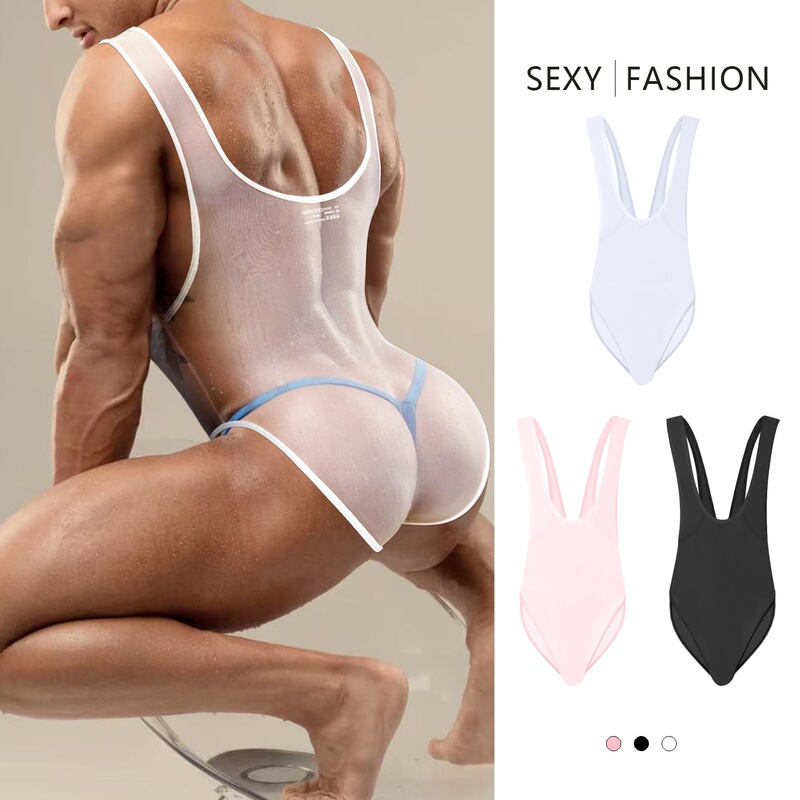 Deep V Thin Transparent Men's Bodysuit Breathable Date Neutral See-Through Chest and Abdominal Muscle Shaping Sexy Tight-Fitting Underwear