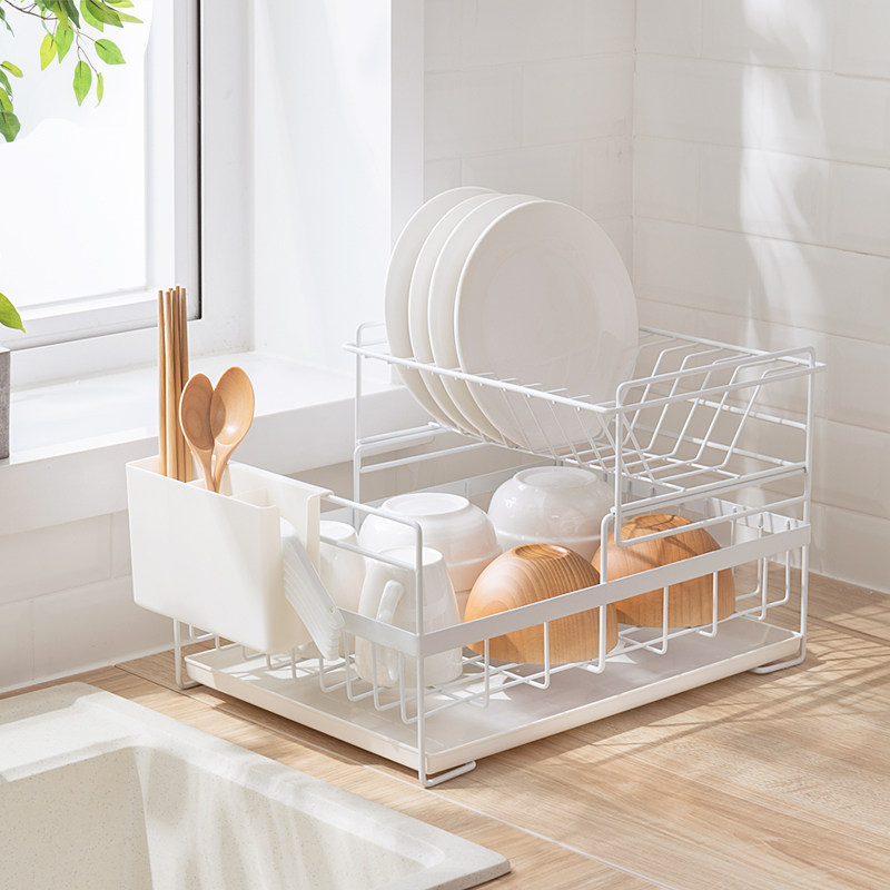 Nordic Fashion Double Bowl Trays Drain Shelf Kitchen Shelve Clothes Airing Cutlery Box Bowls Chopsticks Tray Containing shelf