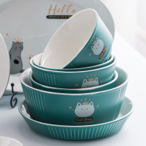 Sweet home ceramic dishes set cutlery cute cartoon cat bowl plate soup noodle bowl Nordic home light luxury