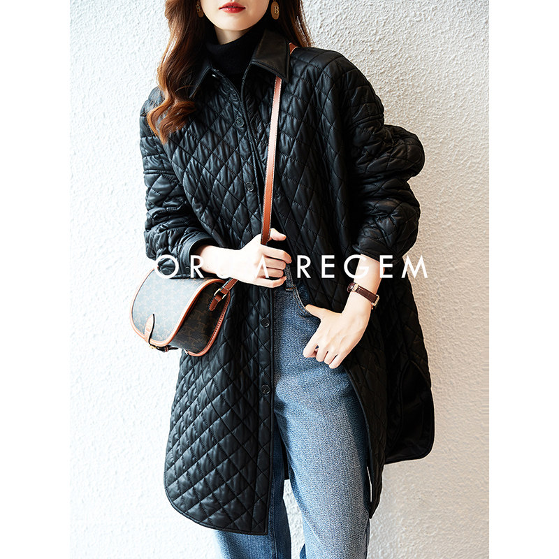 Haining black leather coat female winter 2023 new large - yard loose and thin sheep skin and cotton