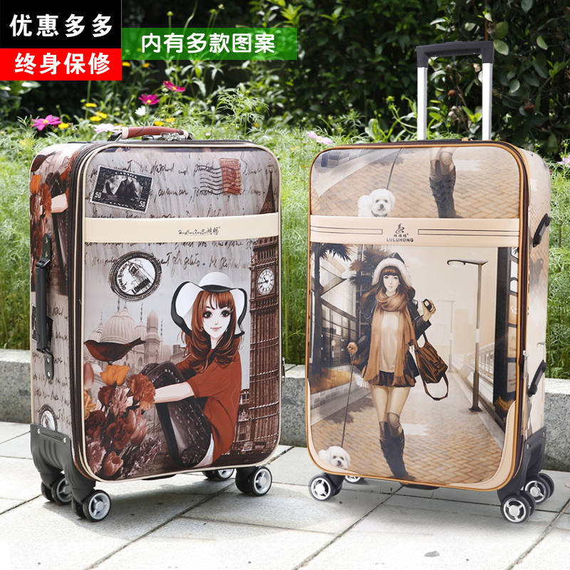 Luggage Suitcase for Women with Universal Wheels, 24inch Wheeled Suitcase, Patterned Travel Suitcase, Soft Leather Suitcase, 26-Inch Cartoon Password Box, Canvas Suitcase