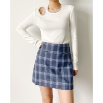 (Rugosa M) solid color sweater hollow design long sleeve top slim necklace inlay design