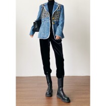 (Rugosa M) blue distressed long sleeve denim suit collar jacket embroidery design casual top women