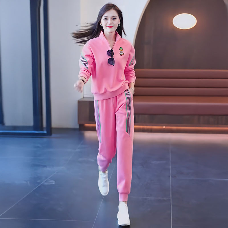 Pink Casual Sports Suit for Women, Spring 2026 New Fashion Casual Long-Sleeved Sweatshirt Running Suit Two-Piece Set