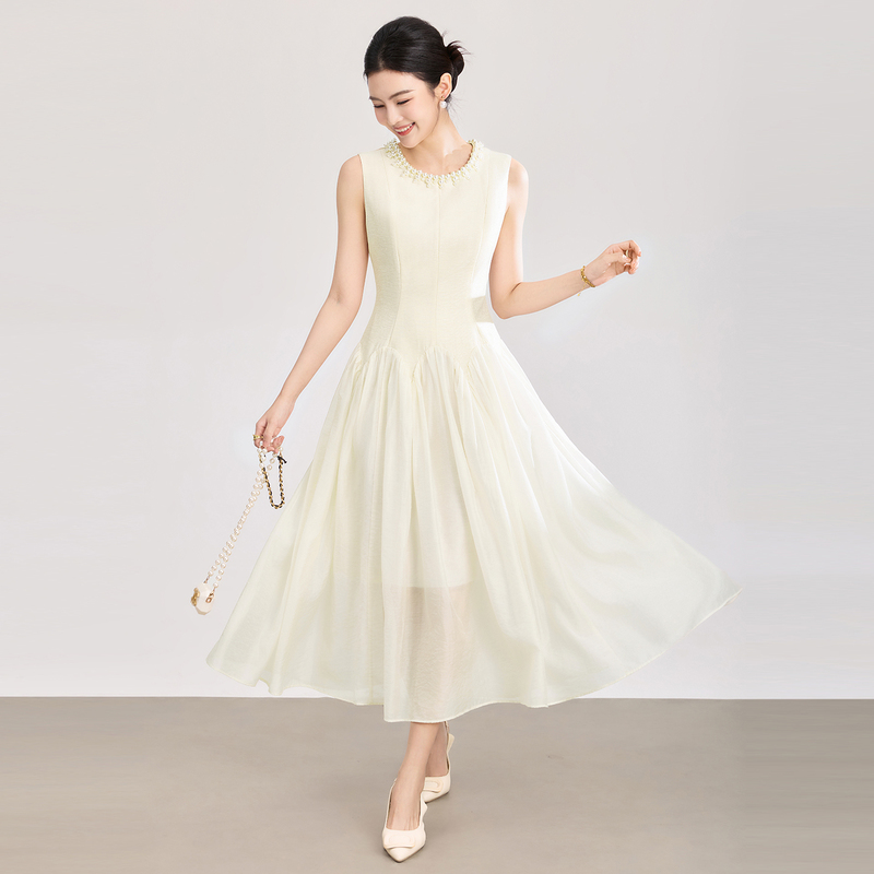 Summer 2026 New Dress with High-Quality Texture, Light Luxury, Socialite Style, Tea Break French Beaded White Dress Summer 2026 New Dress with High-Quality Texture, Light Luxury, Socialite Style, Tea Break French Beaded White Dress