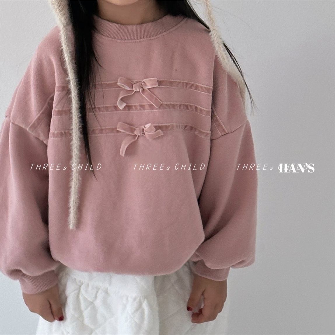 THREEs CHILD Korean children's clothing children winter velvet butterfly knot sweet and loose clothing hans-Taobao