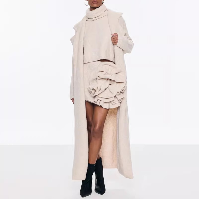 Gentle Style Long Sweater Coat, High-Neck Three-Piece Set for Women, High-End Elegant Old Money Style Bodycon Skirt Knit Suit