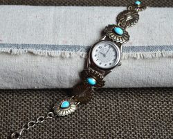 Courtyard Western VTG Jewelry Southwest Tribal Natural Sleeping Beauty Turquoise Exquisite 925 Silver Bracelet Watch