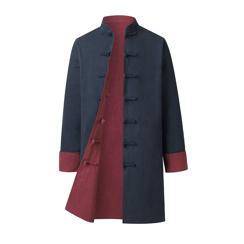 Middle-Aged and Elderly Men's Tang Suit Mid-Length Linen Jacket for Spring and Autumn, Chinese Style Layman's Clothing, Reversible Chinese-Style Jacket