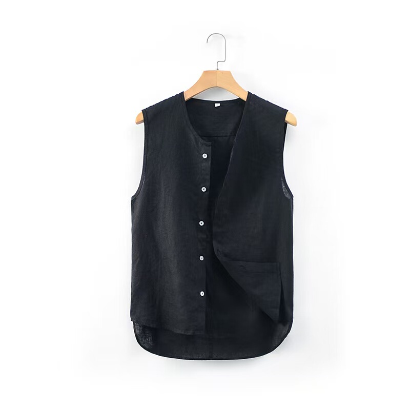 Summer Men's 100% Linen Sleeveless Cardigan Vest for Young and Middle-Aged People, New Chinese Style Round Neck Vest Top