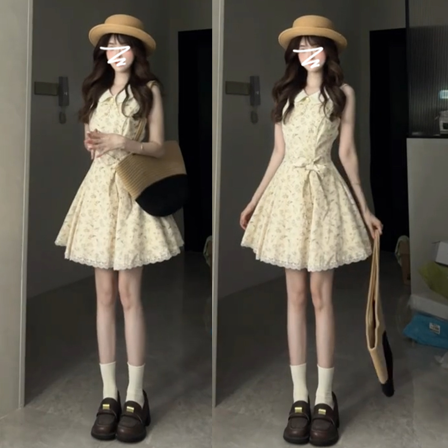 フレンチスタイルのピーターパンカラーのイエローの花柄ワンピース。2026年初夏の新スタイル。とってもキュートなスリムフィットのノースリーブショートドレス。