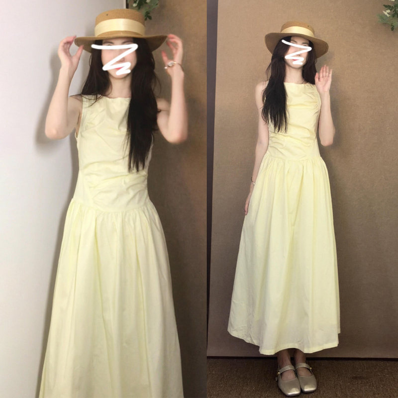 French-Style High-End Yellow Square-Neck Sleeveless Dress for Women, Summer 2026 New Style, Gentle Style, Waist-Cinching, Elegant Long Dress