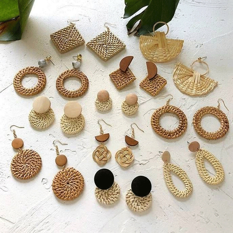 Korean Retro Exaggerated Geometric Round Rattan Straw Long Square Holiday Wooden Patchwork Earrings Ear Pendants Ear Accessories