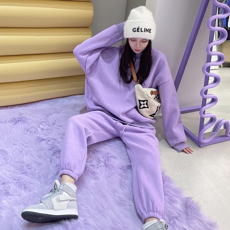 2021 Autumn Winter New Fashion Plus Suede Thickened Casual Thick Cotton Bunches Pants Loose Two-piece Suit Women Sportswear