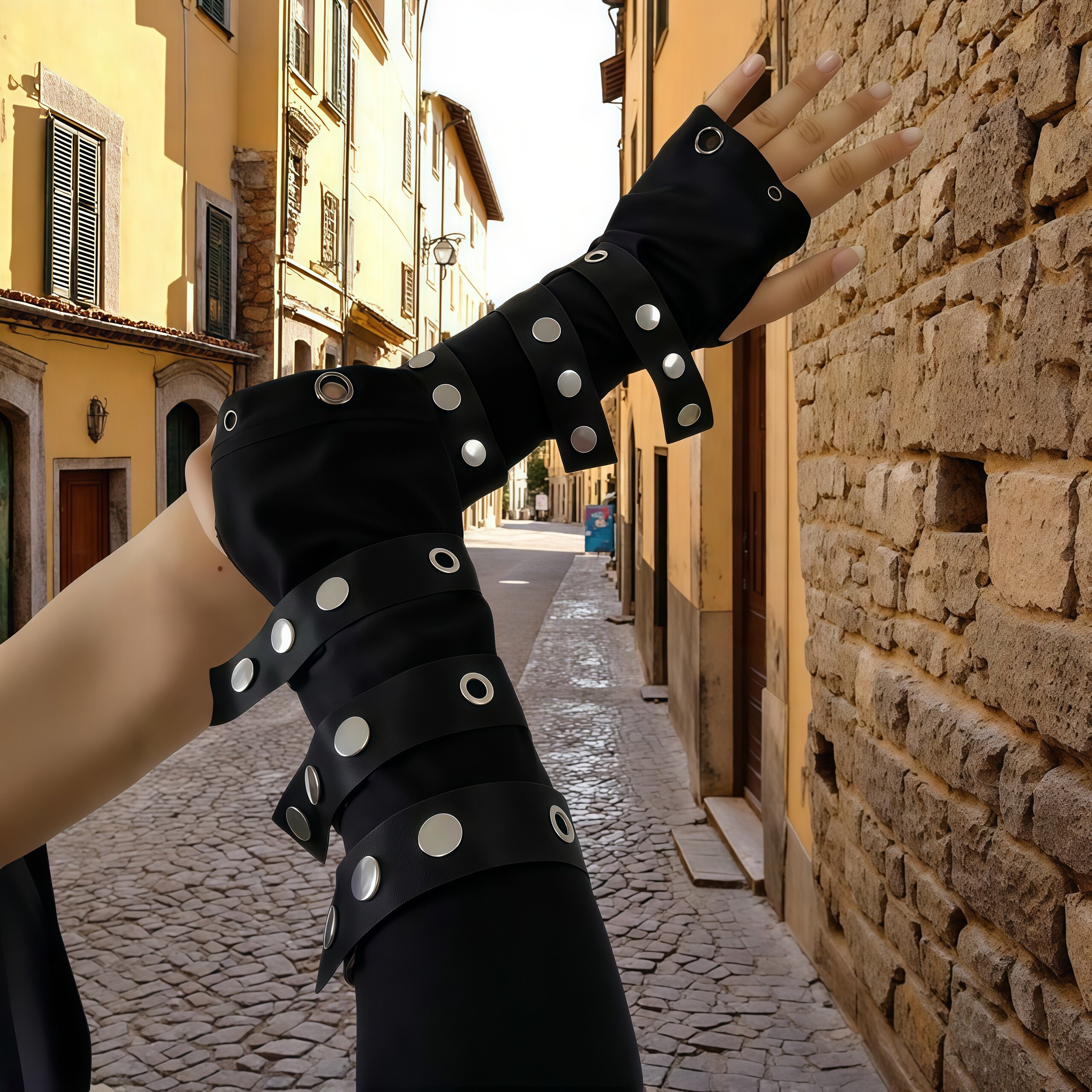 Black gothic punk sexy gloves, Japanese street style long-sleeved gloves, Instagram outdoor half-finger style punk style sleeves