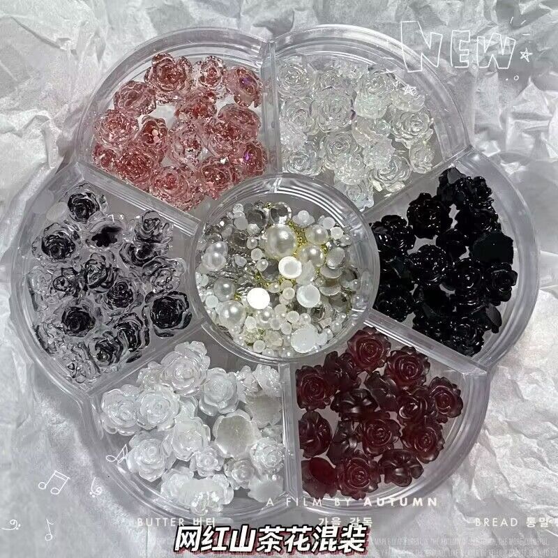 New Nail Art Accessories Camellia Popular Internet Sensation Pearl Small Round Diamond Steel Beads Mixed Set Flower Nail Decorations
