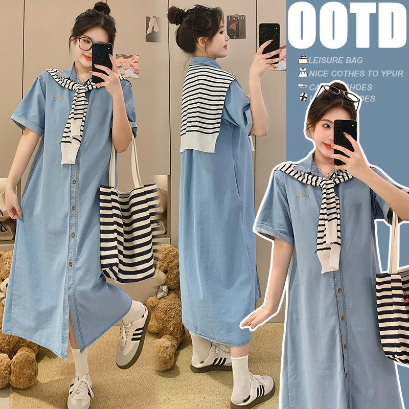 Maternity Summer Dress That Covers the Belly and Goes Past the Knee, Slimming during Pregnancy, Retro Embroidered Soft Denim Shirt Long Dress for Summer