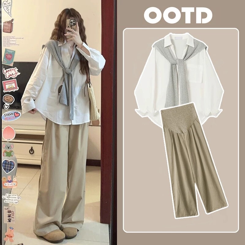 Early Autumn Maternity Suit 2025 New Stylish Fashionable Shirt Top Wide-Leg Pants Long Pants Maternity Two-Piece Set Autumn Outfit