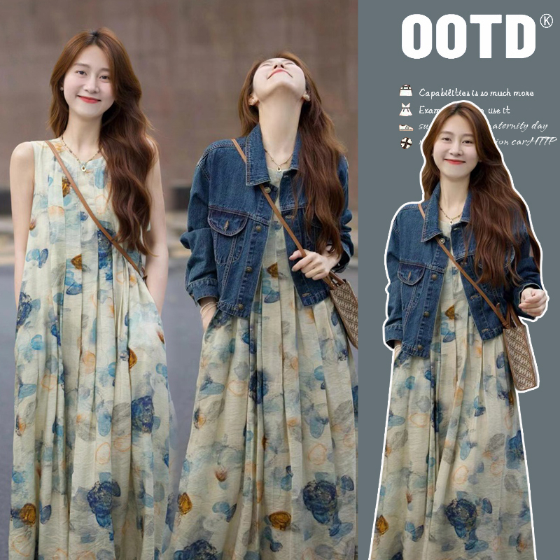 Maternity Autumn Dress 2025 New Style Ink Painting Vest Dress Denim Jacket Maternity Two-Piece Set Autumn Style