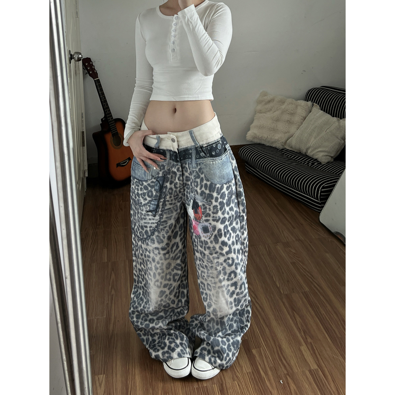 American Retro Leopard Print Jeans for Women, New Double Waistband 3D Printed Design, Loose Straight Wide-Leg Pants, Trendy
