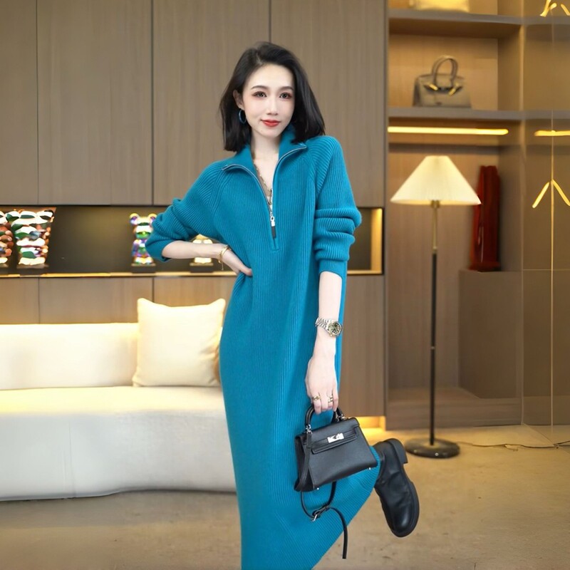 Knitted Dress for Women in Autumn and Winter, Paired with a Coat, High-End and Super Stylish, Zipper Collar, Mid-Length Sweater Dress, Over-The-Knee Inner Layer