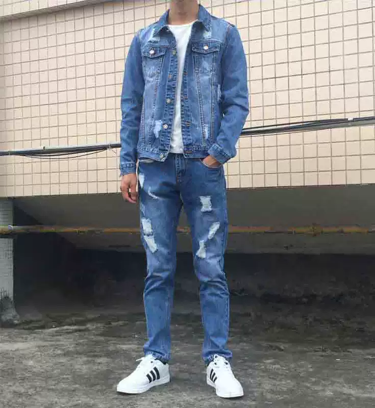 Bộ đồ denim lỗ nam phiên bản Hàn Quốc của xu hướng quần áo trẻ trung áo khoác hai dây áo khoác nam dáng lửng - Cao bồi