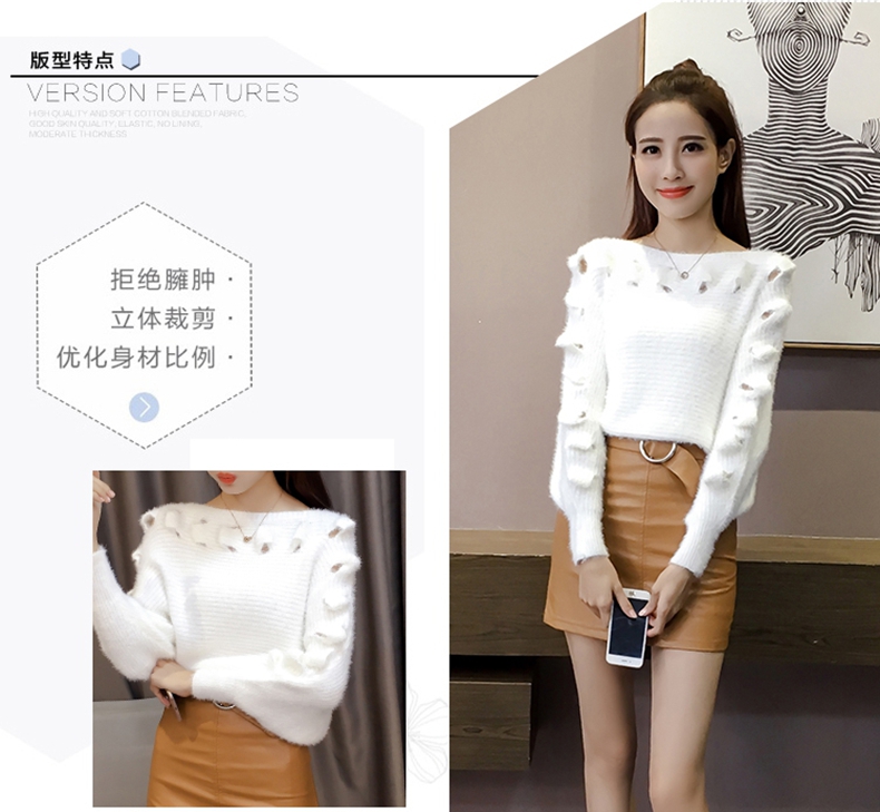 Áo sơ mi tay dài cổ áo len openwork áo len mùa xuân và mùa thu nữ lệch vai phiên bản Hàn Quốc của áo len cổ thấp cổ thấp - Áo / áo thun áo len nữ