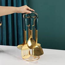 Light luxury stainless steel spatula set soup spoon noodle spoon anti-scalding ceramic handle frying shovel household rice spoon colander rack