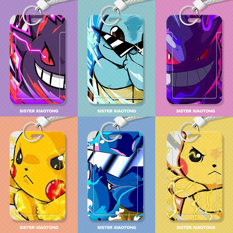 Sliding Cover Card Holder for Id Cards, Campus Cards, Squirtle, Gengar Protective Case, Access Card, Pikachu, Bus Card Holder, Meal Card