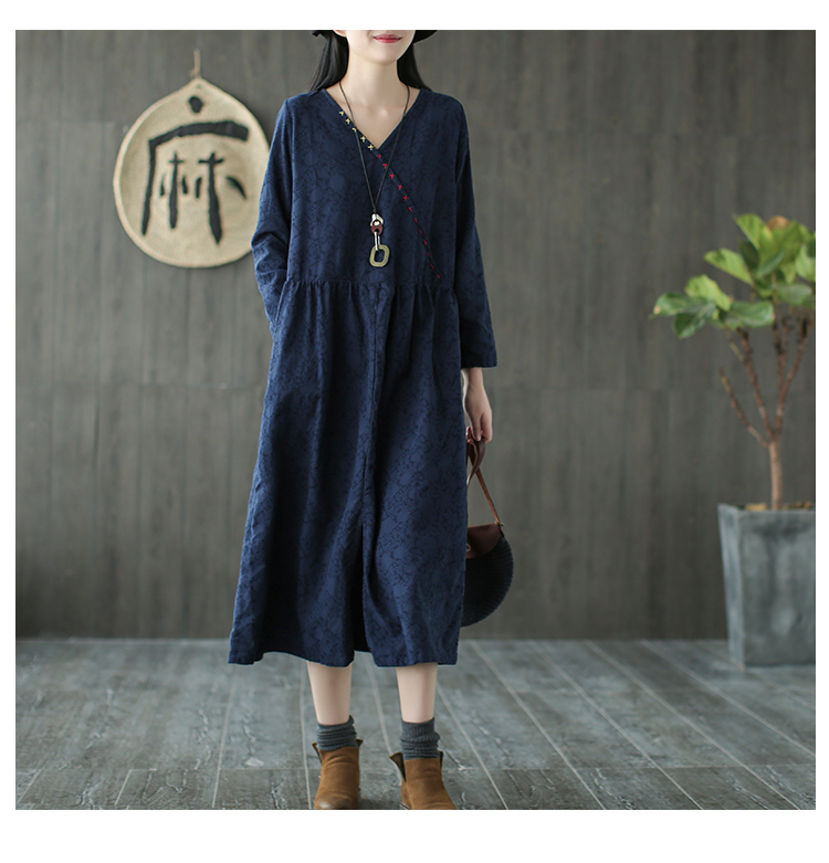 Tai nhỏ sản phẩm 2018 mùa thu mới tay thêu váy văn học bông và vải lanh váy nữ jacquard váy lỏng lẻo chân váy dài hàn quốc