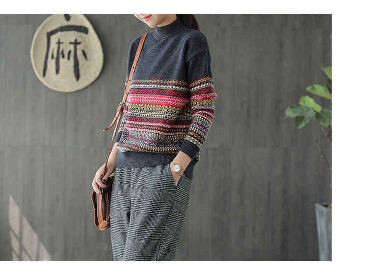 Sản xuất tai nhỏ 2018 thu đông mới lõi mới sợi dài tay áo retro họa tiết dân tộc áo len nữ áo kiểu nữ đẹp tuổi 40