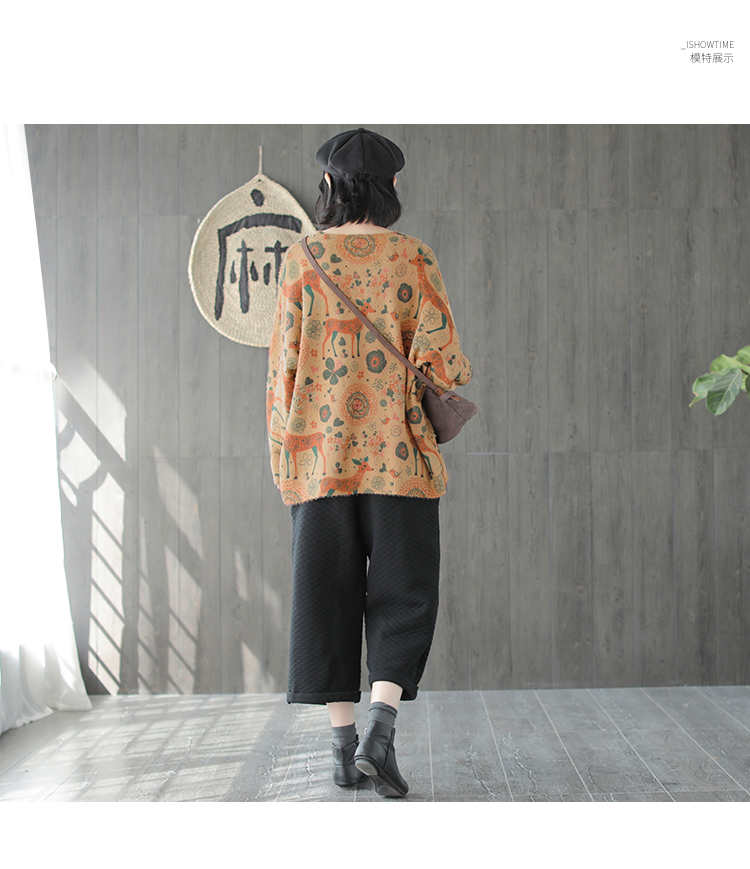 Sản phẩm tai nhỏ 2018 thu đông mới nhung giả in kỹ thuật số dài tay cổ tròn đan áo len mềm mại nữ áo khoác len nữ mỏng